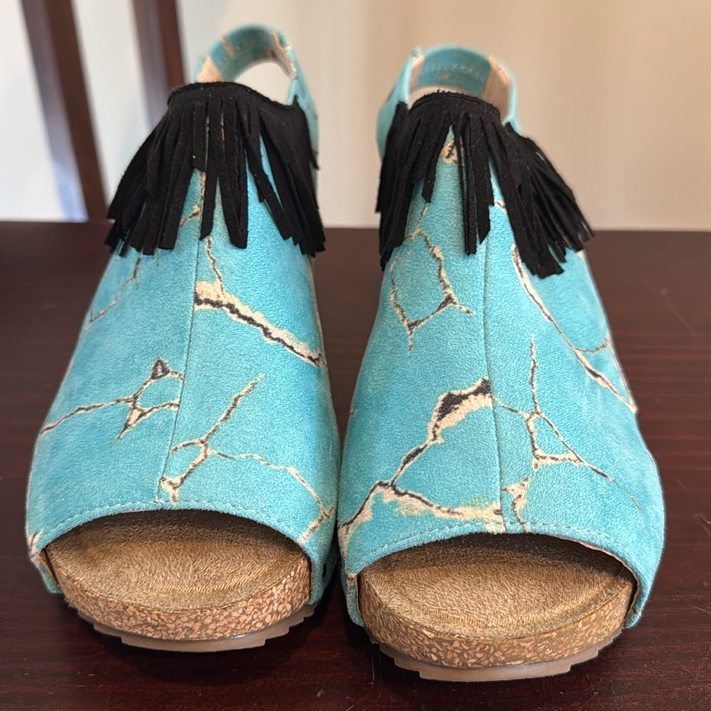 Crazy Train Turquoise stone fringe wedge platform faux suede sandals 9 - Picture 6 of 14